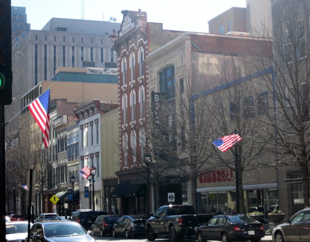 Fayetteville Street, Downtown Raleigh. Old Briggs Hardware Bldg.-Red Brick at Center, Best Raleigh Neighborhoods, Downtown Raleigh, Central Raleigh Neighborhood, Fayetteville Street District