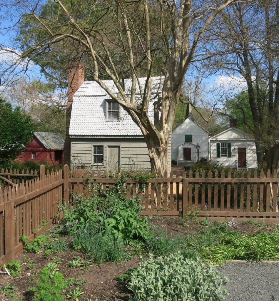 The home where Andrew Johnson, the 17th US President, was born lies just beyond the garden based on the design of Ellen Mordecai. St. Mark's Chapel (1847) and The Badger Iredell Law Office are in the background to the right. The red building is a restroom facility, best raleigh neighborhoods, inside the beltline, mordecai