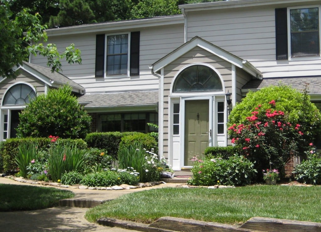 Cottages of Stonehenge Entries with Spring Flowers, Best Raleigh Neighborhoods, Midtown, Stonehenge, East of Creedmoor Road